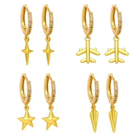 Minimalist Gold Plated Copper Dangle Earrings Rhinestone Star Plane Pentagram Cone Geometric Earrings For Women Jewelry