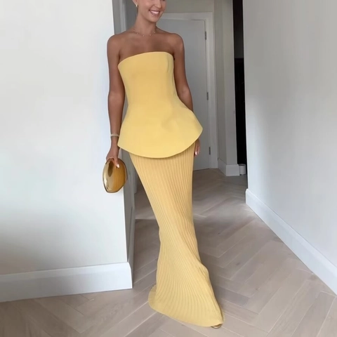 Women Strapless Tube Top And High Waist Pleated Maxi Skirt Elegant Solid Color Polyester Evening Party Outfit