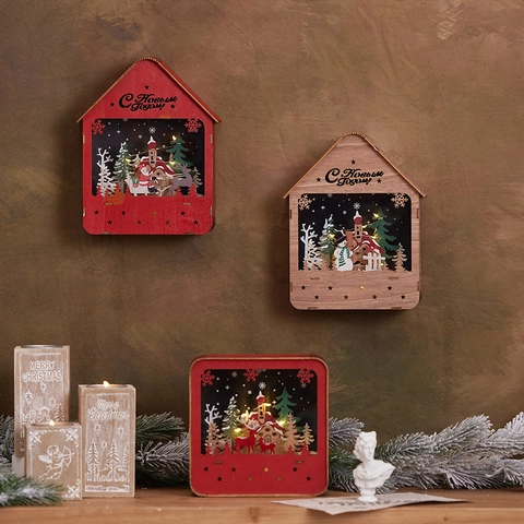 Weihnachts Haus Ornament Holz LED Leuchtend Lasergeschnitten Winterszene Desktop Dekoration Festliche Heimdekoration