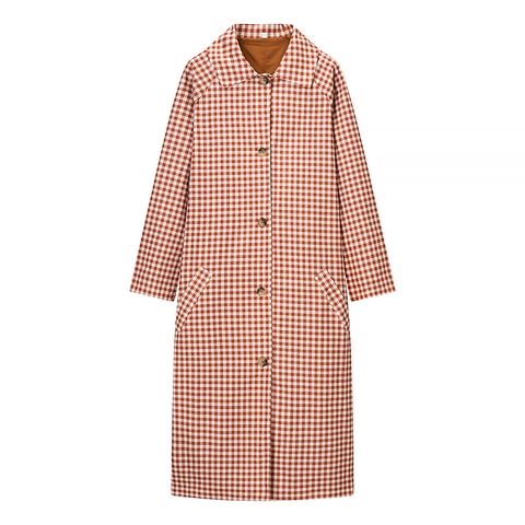 Damen Trenchcoat Kariert Lang Polyester Gingham Windjacke Einreihig Revers Elegant Oberbekleidung