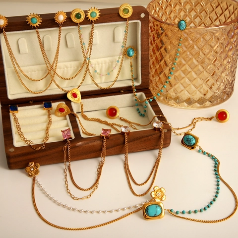 Spilla Da Colletto Vintage In Acciaio Inossidabile Con Catena Cuore Sole Stella Pietra Naturale Turchese Perla Artificial Accessori