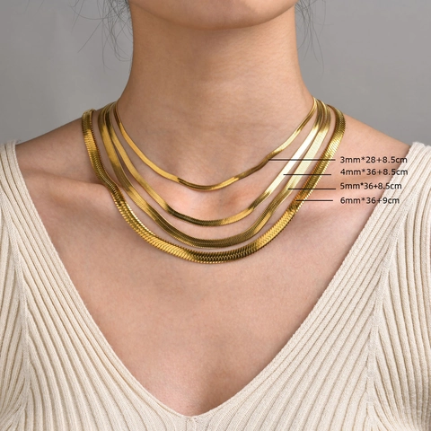 Flat Snake Bone Necklace Stainless Steel Gold Plated Polished Herringbone Chain Minimalist Trendy Women Jewelry