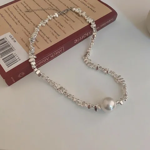 Geometrische Onregelmatige Legering Ketting Gebroken Zilver Stijl Met Imitatie Kunstparel Minimalistische Sieraden Voor Dames