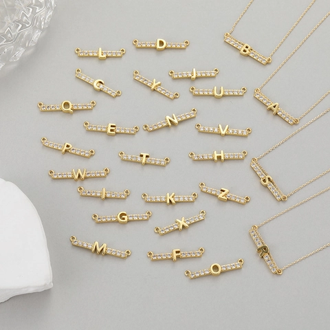 14K Gold Plated Copper Alphabet Letter Pendant Connector With Zirconia Sparkling Initial DIY Jewelry Making Accessory For Women