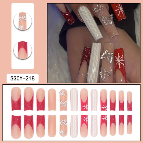 Press On Nails Lang Sarg Rot Glitzer Französische Spitzen Mit 3D Pullover Textur Legierung Silber Schmetterling Strass Schneeflocke