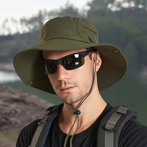 Wide Brim Bucket Hat Nylon Breathable Outdoor Fishing Sun Protection Hat With Adjustable Windproof Rope For Men Women