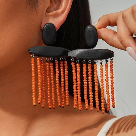 Pendientes Bohemios De Borla Con Madera Y Cuentas De Piedra Multicapa Joyería Étnica Geométrica Mujer Poste De Plata