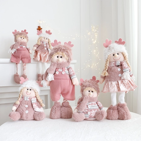 Christmas Plush Doll Ornaments Telescopic Legs Pink White Reindeer Antlers Knitted Fabric Home Window Xmas Party Decor