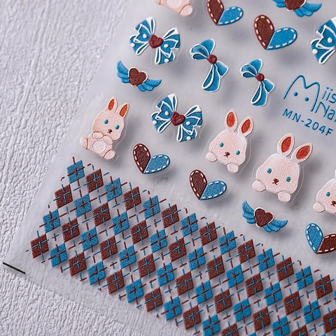 Autocollants Art Des Ongles Relief 5D 3D Auto-adhésifs Dessin Animé Lapin Nœud Papillon Cœur Motif Argyle Manucure