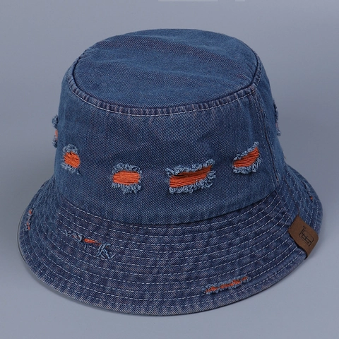 Cappello Bucket In Denim Distressed Cuciture Colorate Fori Sfilacciati Patch In Pelle Streetwear Retrò Protezione Solare Uomo Donna