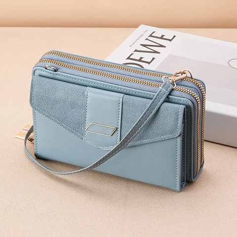 Women Cell Phone Crossbody Bag PU Leather Long Wallet Multi Compartment Zipper Purse With Adjustable Shoulder Strap Woven Pattern