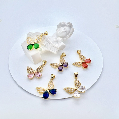 Vlinder Hanger Ketting Koper Verguld Met Gekleurde Zirconia Elegante Sieraden Dames Mode Accessoire