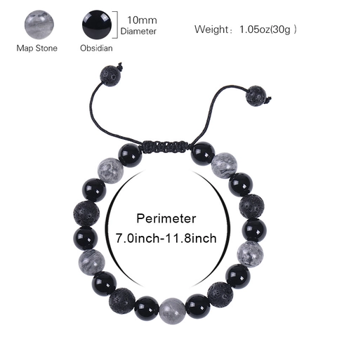Natural Stone Beaded Bracelet Handmade Braided Adjustable Map Stone Lava Rock Obsidian Jewelry For Men