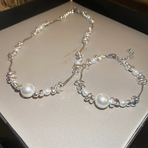 Irregular Titanium Steel Beads Imitation Artificial Pearl Splicing Necklace And Bracelet Elegant Niche Style Collarbone Chain Women