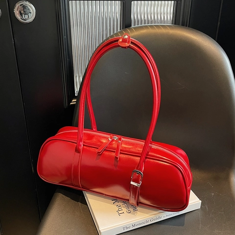 Women Baguette Shoulder Bag Glossy PU Leather Retro Cylinder Underarm Handbag With Adjustable Straps Zipper