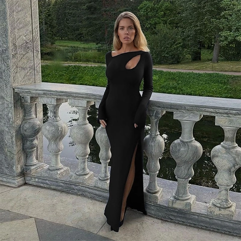 Sexy Long Sleeve Maxi Dress Hollow Out High Waist Side Split Bodycon Elegant Knitted Solid Color Evening Party Women