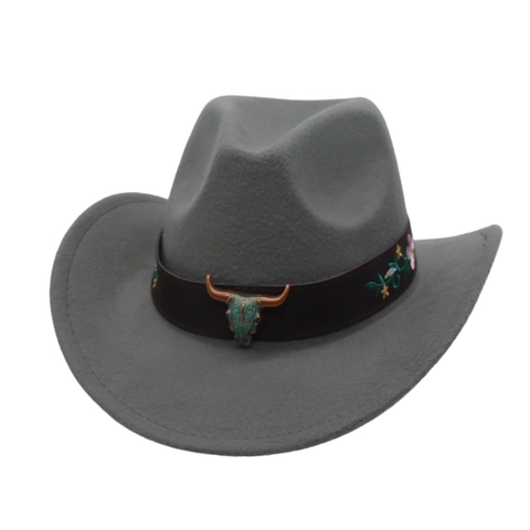 Western Cowboy Hat Vintage Felt Fedora Jazz Cap With Bull Head Metal Ornament And Floral Embroidery For Outdoor Travel