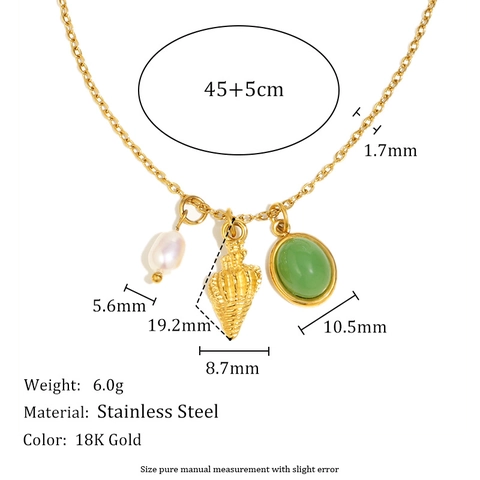 Conch Shell Artificial Pearl Green Gemstone Stainless Steel Necklace 18K Gold Plated Niche Trendy Jewelry For Women