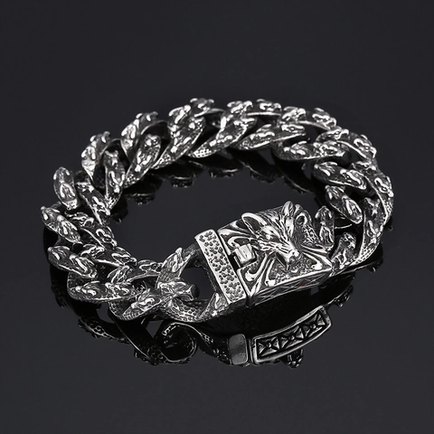 Bracciale Uomo Retro Acciaio Inossidabile Testa Animale Vintage Punk Lupo Tigre Serpente Leone Catena Pesante Gioielli