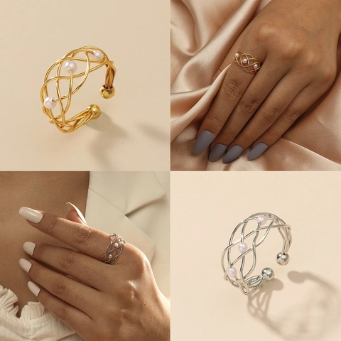 Women Open Adjustable Ring Copper Intersecting Lines Woven Design White Artificial Pearl Minimalist Elegant Vintage Jewelry