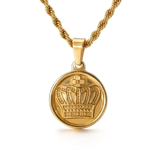 Collier Pendentif Médaillon Rond Couronne Acier Inoxydable Style Hip Hop Bijoux Rétro Pour Hommes Femmes