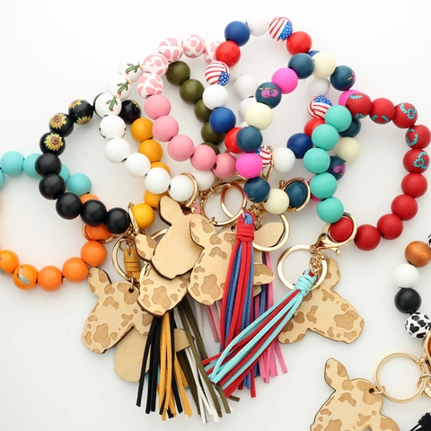 Beaded Wristlet Keychain Silicone Wood Beads Western Cow Head Pendant Leather Tassel Boho Mama Gift Key Ring