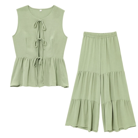 Women Sleeveless Bow Tie Peplum Top And Tiered Wide Leg Pants Outfits Vacation Streetwear Casual Crepe Texture