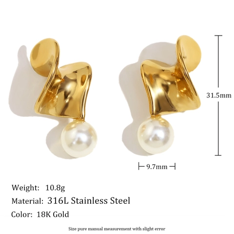 Gedrehte Geometrische Ohrstecker 316L Edelstahl 18K Vergoldet Mit Weißer Künstliche Perle Elegant Für Frauen