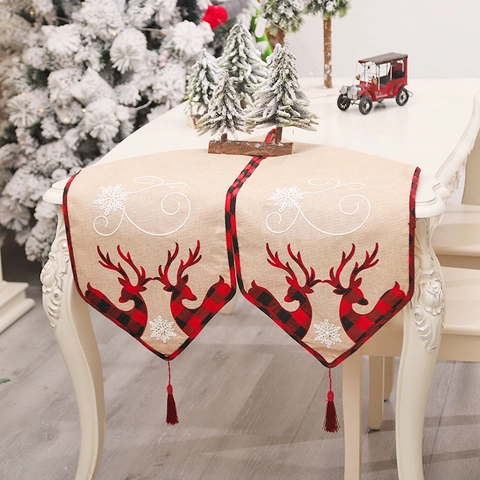 Christmas Table Runner Reindeer Snowflake Embroidery Faux Linen Buffalo Plaid Border With Tassels Holiday Home Decor