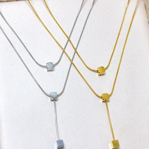 Minimalist Titanium Steel Layered Square Pendant Necklace For Women Gold Silver Plated Geometric Cube Snake Bone Chain Jewelry