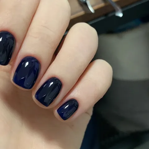 Dark Blue Press On Nails Short Square Round Glossy Mirror Finish Detachable Solid Color Elegant Artificial Nails