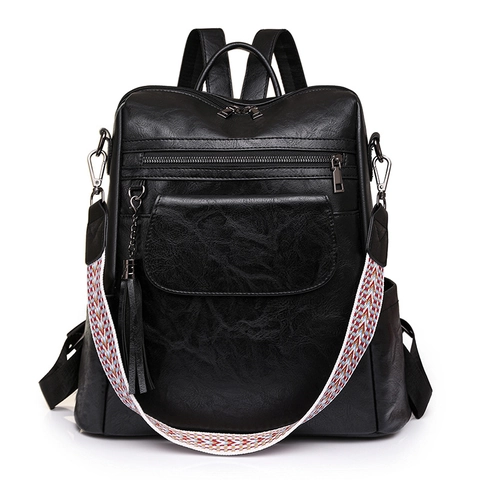 Women Backpack Retro PU Leather Large Capacity Multipurpose Shoulder Bag With Tassel Colorful Woven Strap Casual