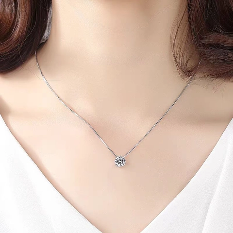 Minimalist Solitaire Pendant Necklace Silver Plated Round Zircon Six-Prong Crown Setting Box Chain For Women Elegant Jewelry