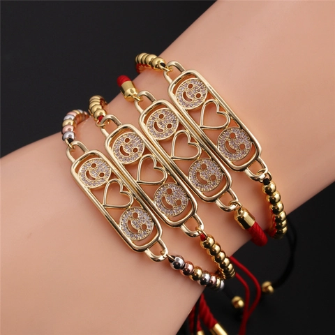 Adjustable Smiley Face Heart Bracelet Copper Gold Plated Pave Zircon Woven Rope Lucky Jewelry For Women