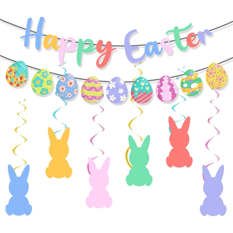 Easter Decoration Banner Hanging Swirls Colorful Paper Egg Rabbit Carrot Party Home Celebration Cartoon Style