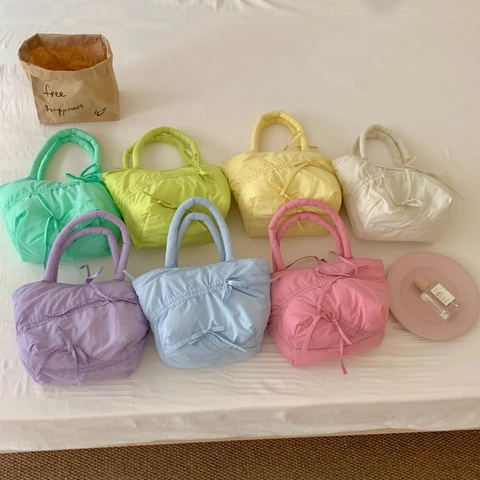 Borsa Imbottita Arricciata Poliestere Trapuntata Dolce Kawaii Coulisse Fiocco Colore Macaron Moda Tote Per Donne