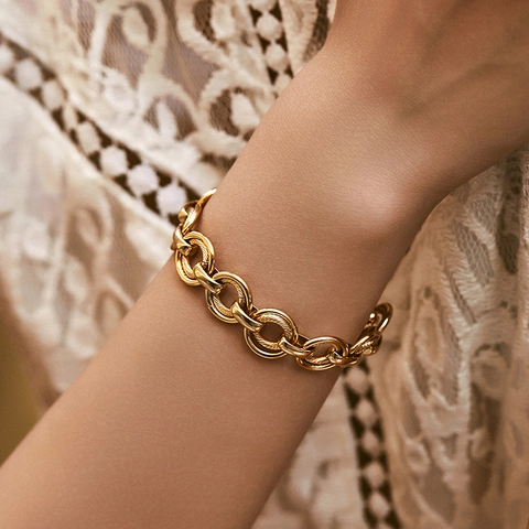 Vintage Chunky Gold Chain Bracelet For Women Copper 18K Gold Plated Heavy Geometric Circle Link Bracelet Fashion Jewelry