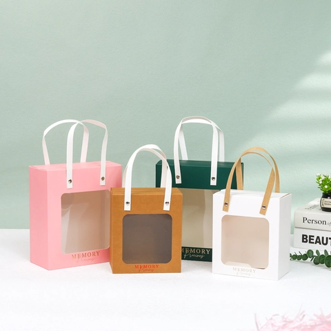 Gift Bags With Clear Window Portable Paper Packaging For Wedding Birthday Flowers Party Favors Reinforced Handles