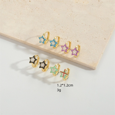 Vintage Copper Star Ear Buckle For Women Gold Plated Zirconia Enamel Minimalist Exquisite Star Hoop Earrings Jewelry Gift