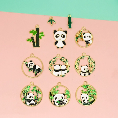 Panda Bamboo Jewelry Charms Alloy Enamel DIY Pendants For Necklace Earrings Keychain Making Cartoon Animal Style