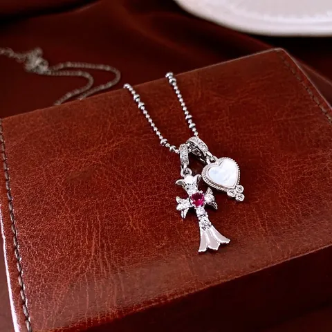 Collana Vintage Con Doppio Pendente Rame Zircone Pietra Rossa Croce Cuore Madreperla Gioielli Di Lusso Gothic Donna