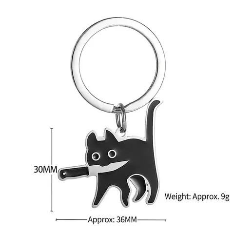 Funny Black Cat Holding Knife Keychain Necklace Titanium Steel Enamel Pendant Cartoon Meme Jewelry For Women Men