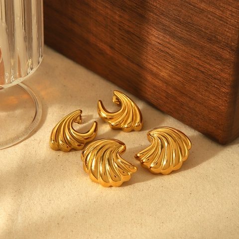 Pendientes De Botón De Acero Inoxidable Chapados En Oro 18K Vintage Francés Ola De Mar Concha Joyería Geométrica Mujer