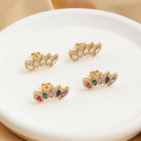 Crown Marquise Multi Color Zirconia Copper Earrings With 925 Sterling Silver Earring Post Gold Plated Luxurious Jewelry For Women
