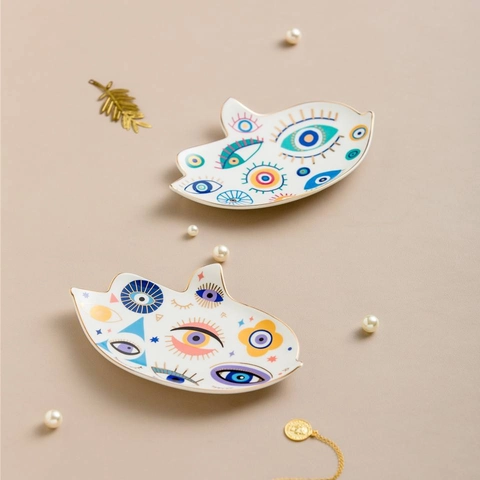 Ceramic Jewelry Tray Hamsa Hand Evil Eye Trinket Dish Gold Rim Decorative Ring Holder Plate For Dresser Entryway