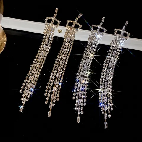 Orecchini Pendenti A Nappa Con Corona Zircone Rame Con Silver Earring Post Sposa Matrimonio Festa