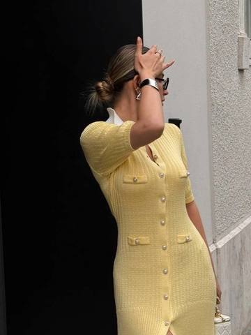 Vestito Maxi In Maglia Con Colletto Polo A Contrasto Maniche Corte Slim Fit Bottoni Elegante Retrò Donna