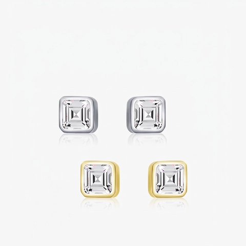 Square Cubic Zirconia Stud Earrings With 925 Sterling Silver Earring Post Geometric Bezel Setting Minimalist Jewelry Women