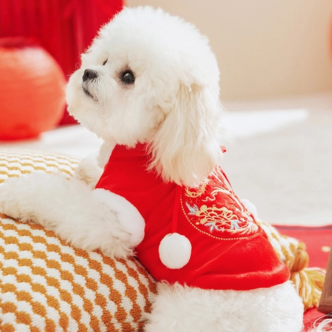 Pet Chinese New Year Clothing Winter Warm Flannel Embroidery Red Tang Suit Costume For Dogs Cats