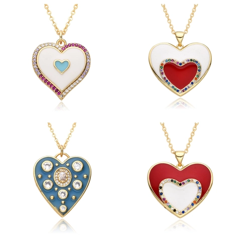 Collier Pendentif Cœur en Cuivre Style Cour Européenne Vintage pour Femmes Bijoux Plaqués Or Émail Strass Micro Incrustés